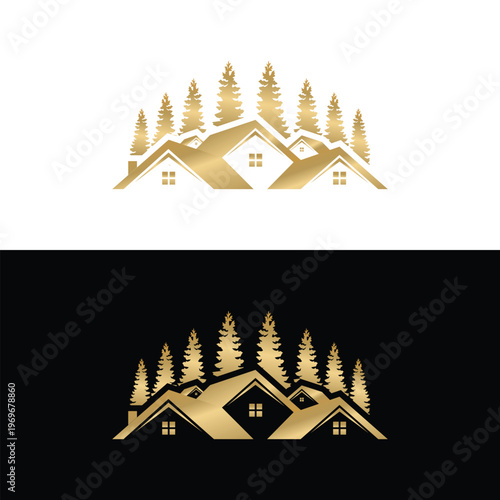 Golden illustration of houses and pine trees on mountainside 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