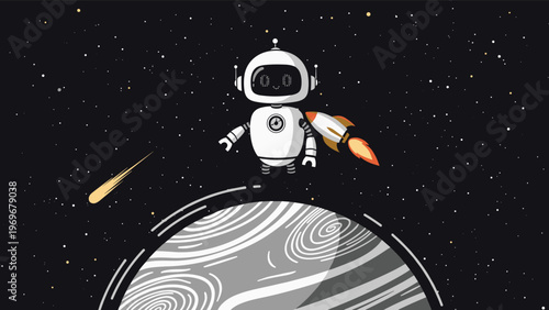 Cute white astronaut robot character floats in the vastness of space above a grey cratered planet while a comet passes quickly by.
