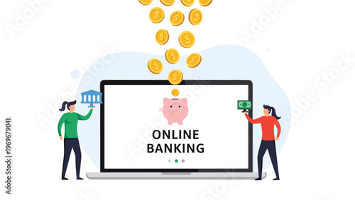 Detailed illustration of online banking featuring gold coins falling into a pink piggy bank on a laptop screen between two professionals.