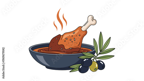Hot roasted chicken leg sits in a bowl of dark brown savory sauce accompanied by a branch of fresh green and black olives for a meal.
