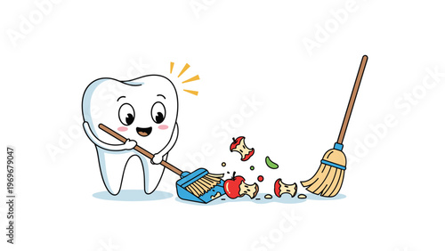 Enthusiastic cartoon tooth character uses a broom and blue dustpan to sweep up core remains of eaten red apples to stay clean and healthy.
