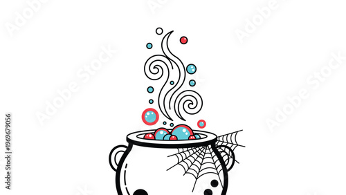 Large black witches cauldron filled with a bubbling blue and red potion sits beside a detailed spider web on a plain white background.