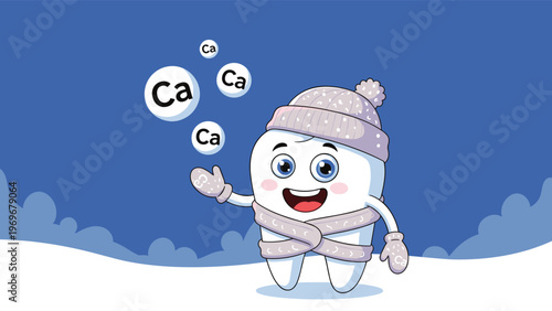 Smiling cartoon tooth character wears a light purple knit hat and matching scarf while pointing at several floating calcium bubbles.