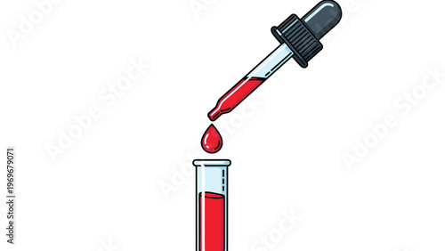 Medical pipette dispenses a single drop of red liquid into a clear glass test tube against a plain white background in a laboratory.