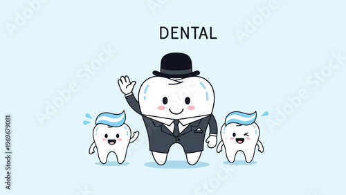 Distinguished cartoon tooth in a formal black suit and bowler hat stands proudly between two smaller happy teeth with blue foam.