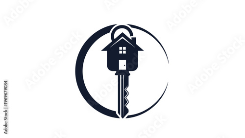 Professional real estate logo design features a dark blue house silhouette seamlessly integrated into the head of a metal key symbol.