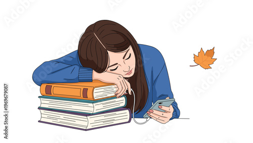 Tired young girl falls asleep on a stack of three books while holding her smartphone with white earphones plugged in during study.