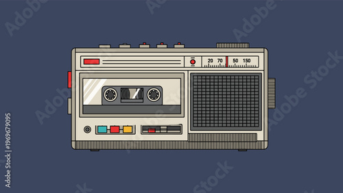 Retro cassette tape recorder with buttons, radio dials, and a clear tape compartment is shown against a dark blue background.