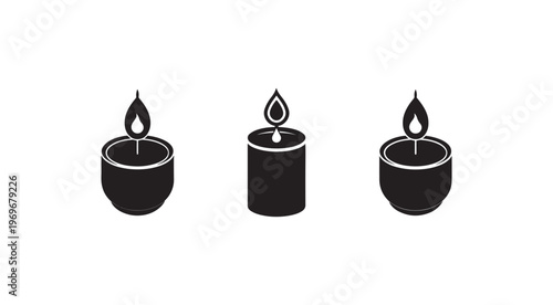 Three black candles with flames burning on white background  simple icons for decoration or design
