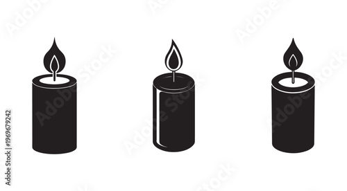Three black candles with flames burning on top  simple icons for decoration  ambiance and lighting concept