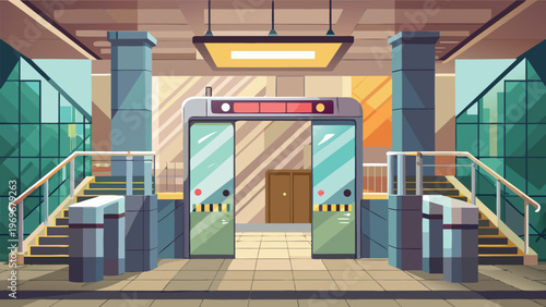 Subway station entrance with turnstiles and stairs in a modern urban setting