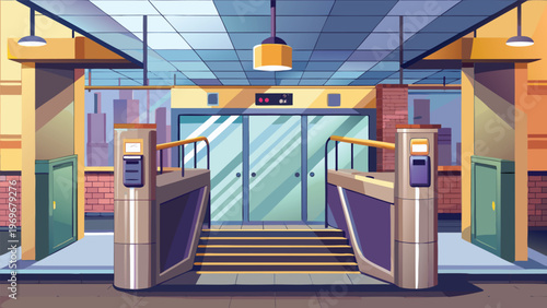 Modern transportation entrance design with sliding doors and turnstiles in urban setting during daylight hours