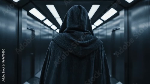 Mysterious figure in dark hooded cloak walks through a dimly lit elevator corridor with metallic walls and bright overhead lights creating an atmospheric setting