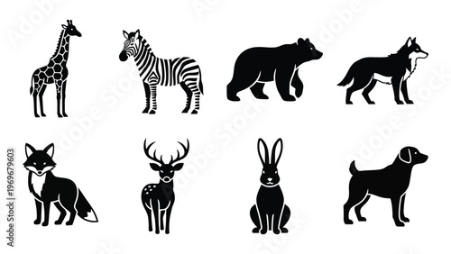 A collection of african and north american animals including a giraffe zebra bear and deer in silhouette high quality professional detailed