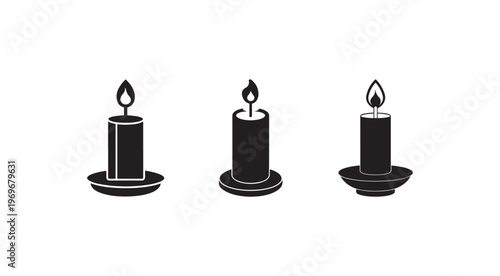Three black candles with flames on holders  simple icons  isolated on white background