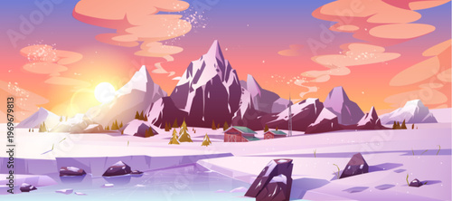 Sunset mountain vector landscape with winter background and glowing sky. Cartoon snow covered peaks, trees and river in serene nature scene. Stunning sunset illustration with pink horizon and clouds.