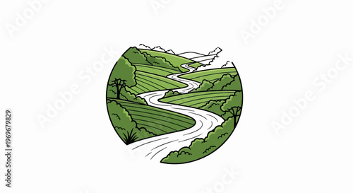 Winding river through green hills with trees, enclosed in a circle