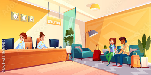 Hotel lobby with elegant reception desk and friendly receptionist welcoming guests. Vector illustration of travel service area with luggage, interior design and hospitality staff in uniform.
