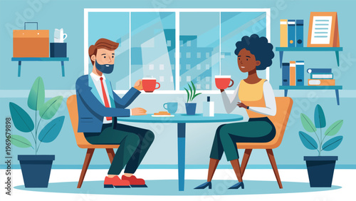 Two people enjoy coffee and conversation at a table in a cafe during the daytime in a modern setting