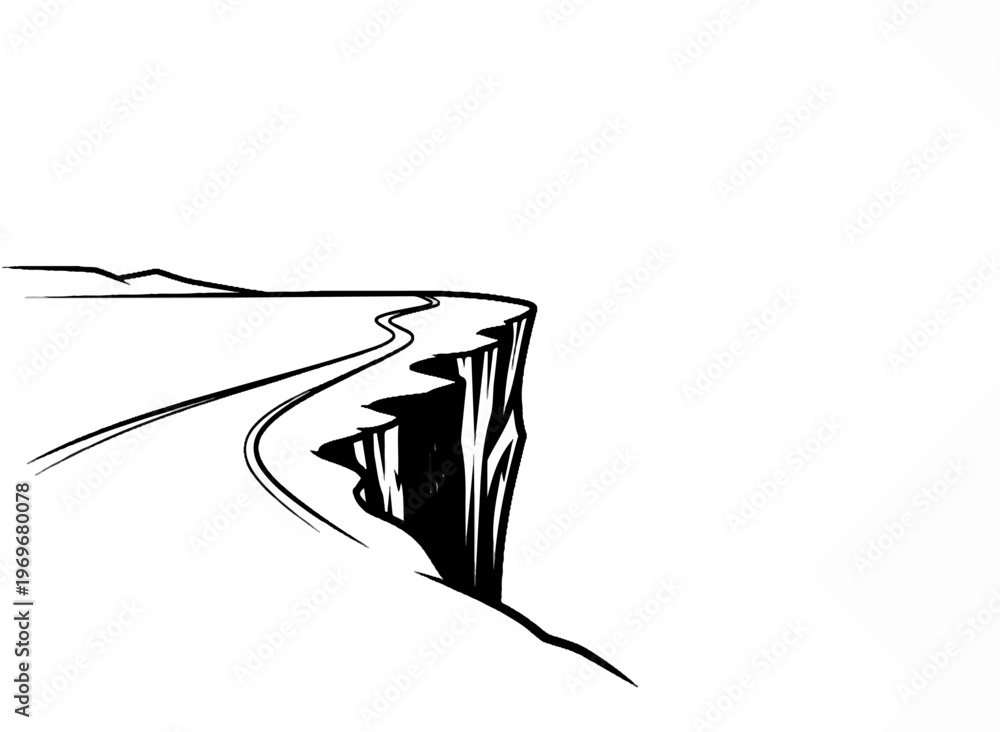 Fototapeta premium Winding road approaches a dramatic cliff edge, stark black and white