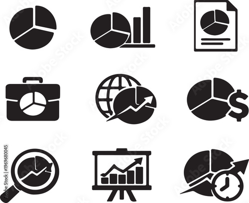 A collection of nine black and white business icons depicting various data analysis and charts