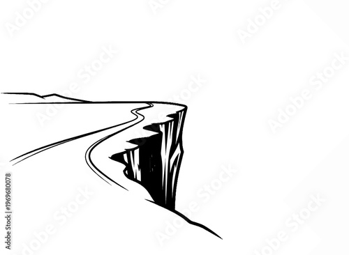 Winding road approaches a dramatic cliff edge, stark black and white