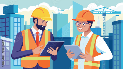 Construction workers discuss plans and projects in a city during day time with buildings and cranes in background