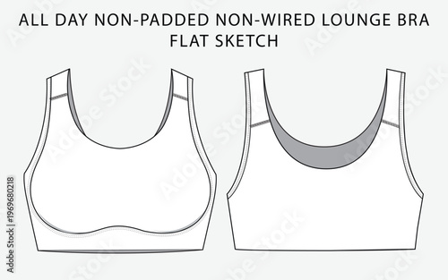 Women's all-day non-padded non-wired lounge bra flat sketch. Basic comfortable bralette technical CAD drawing front and back. Apparel tech pack vector template.