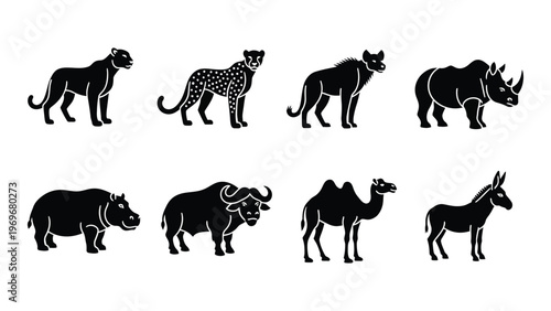 A collection of eight african animal silhouettes including a lion rhino camel and buffalo silhouette high quality professional detailed modern elegant