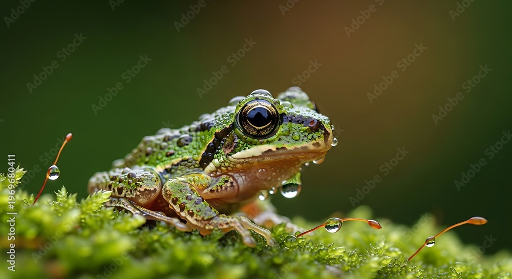 Obraz premium Close-up of a Green Frog Sitting on Moss with Water Droplets.