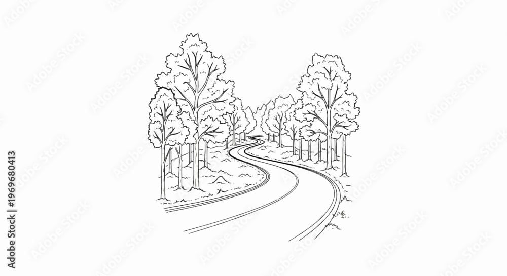 Fototapeta premium Winding road through a dense forest with trees on either side