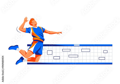 Volleyball Player Performing Spike in Mid-Air with Net Background Illustration