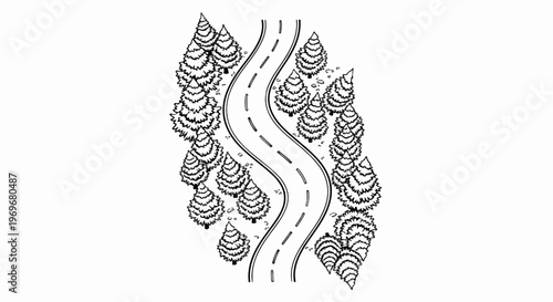 Winding road through a forest of stylized evergreen trees, top-down view