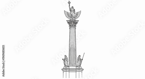 Winged angel atop Corinthian column with figures at base