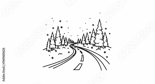 Winding road through snowy pine forest with falling flakes