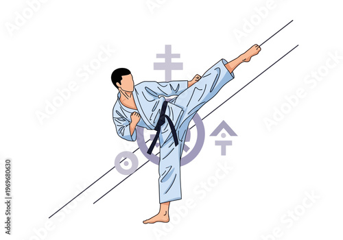 Martial arts concept with a dynamic karateka performing a powerful high kick, illustrated with graphic elements