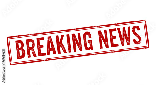 Breaking news red rubber stamp vector, distressed vintage ink imprint, weathered headline alert sign for media reports