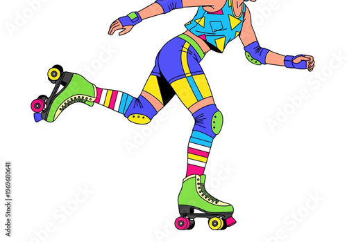 Retro roller skating illustration with vibrant geometric patterns and neon colors
