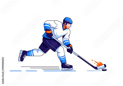 Ice hockey player in action with fiery puck illustration for sports and gaming designs