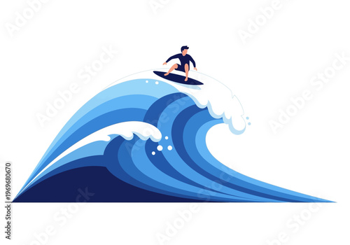 Surfer riding a big blue wave, dynamic illustration of ocean sports and adventure