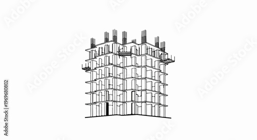 Wireframe architectural drawing of a concrete building under construction