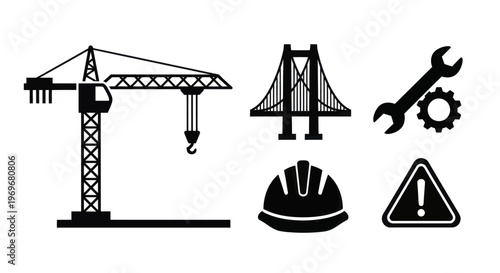 Construction Industry Icons Set Crane Bridge Tools Hard Hat Warning Sign.