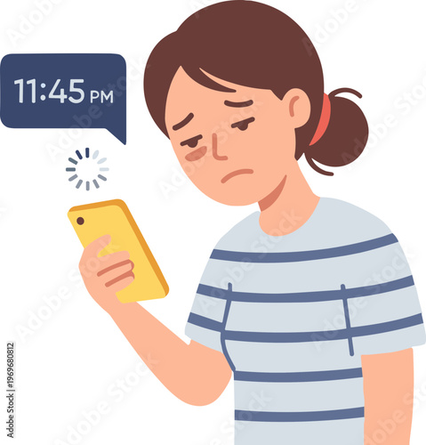 A woman feels stressed while checking her phone late at night.