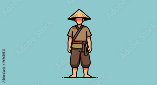 Asian farmer in conical hat and traditional clothing