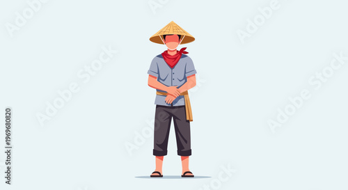 Asian farmer wearing conical hat, blue shirt, and dark pants, standing on light blue background.