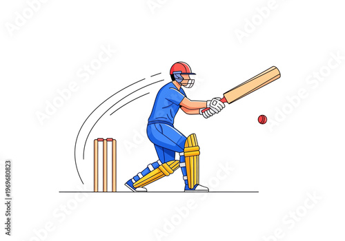 Cricket batsman playing a shot with bat and ball, wicket in background, dynamic illustration of sport