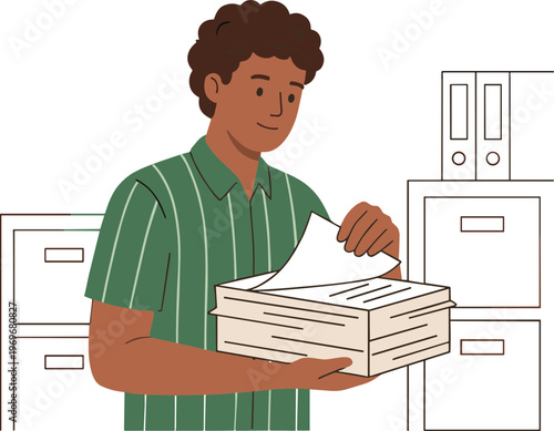 Man holding stack of papers in office environment with filing cabinets