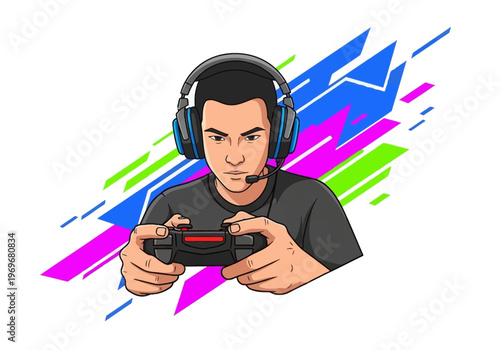 Illustration of a young man wearing headphones and holding a game controller, ready for video gaming