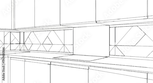 Wireframe 3D rendering of a modern kitchen with geometric cabinet fronts
