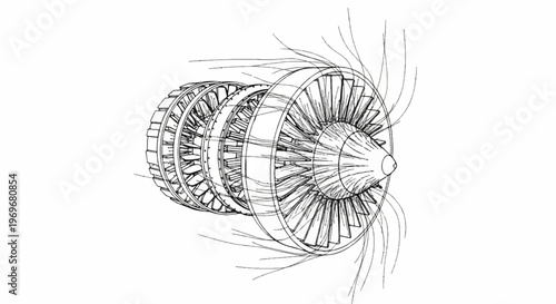 Wireframe drawing of an aircraft jet engine's internal rotating components